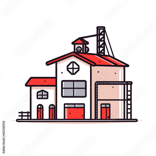 Film studio building vector icon in minimalistic, black and red line work, japan web