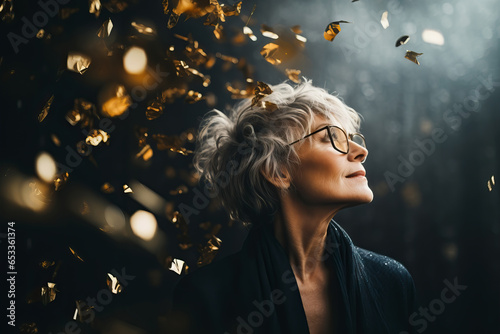 Beautiful Senior woman dressed up for Christmas with confetti falling on her. Golden Christmas and Happy New Year concept.
