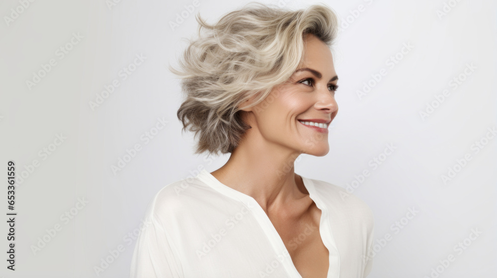 Elegant middle aged stylish mature woman in white casuals looking away and smiling