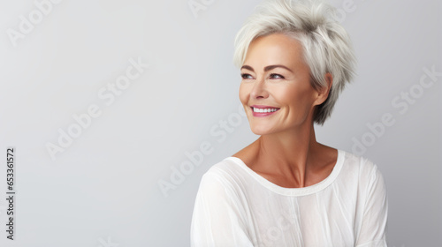 Elegant middle aged stylish mature woman in white casuals looking away and smiling photo