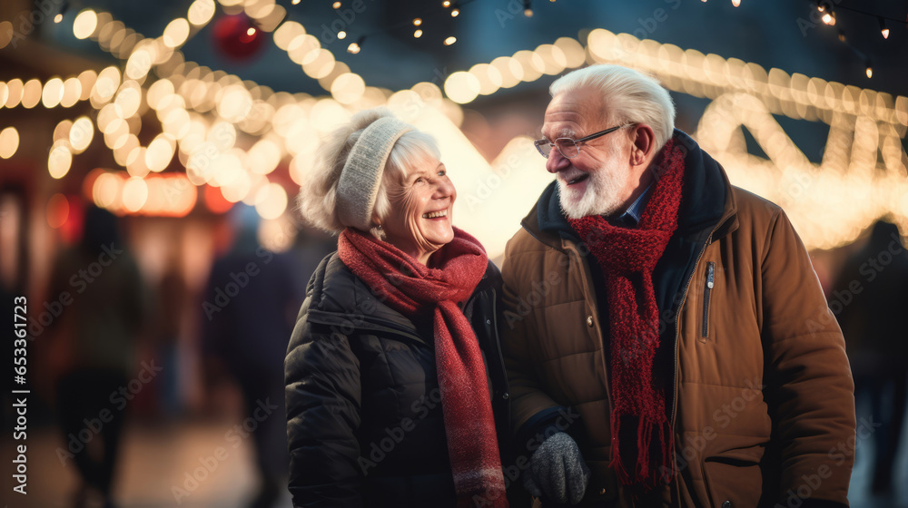 Happy two elderly people woman, man walking against the backdrop of christmas fair lights holding hands on the street, wearing coats