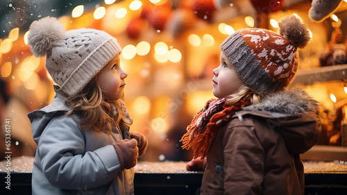 Two Toddler Children Boy Girl Standing Christmas Market looking at Christmas Market Snow Atmospheric Lights Winter Season Holidays