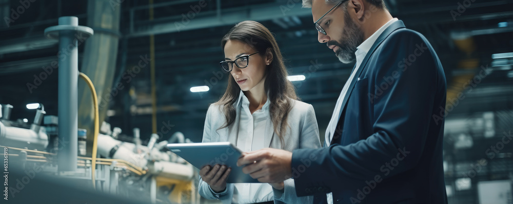 Obraz premium Female project manager talks with chief engineer in technology research facility, control process