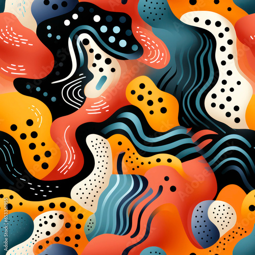 Seamless squiggly lines, stripes and shapes, bold primary colors, minimalist
