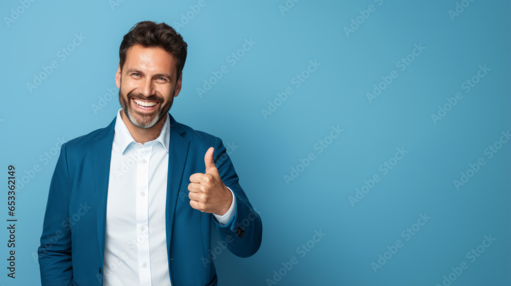 Portrait of cheerful businessman pointing at copy space for advertising against blue background Portrait of cheerful businessman pointing at copy space for advertising against blue background
