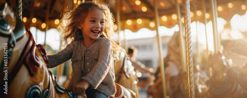 happy cute little girl having fun on a carousel in an amusement park photo