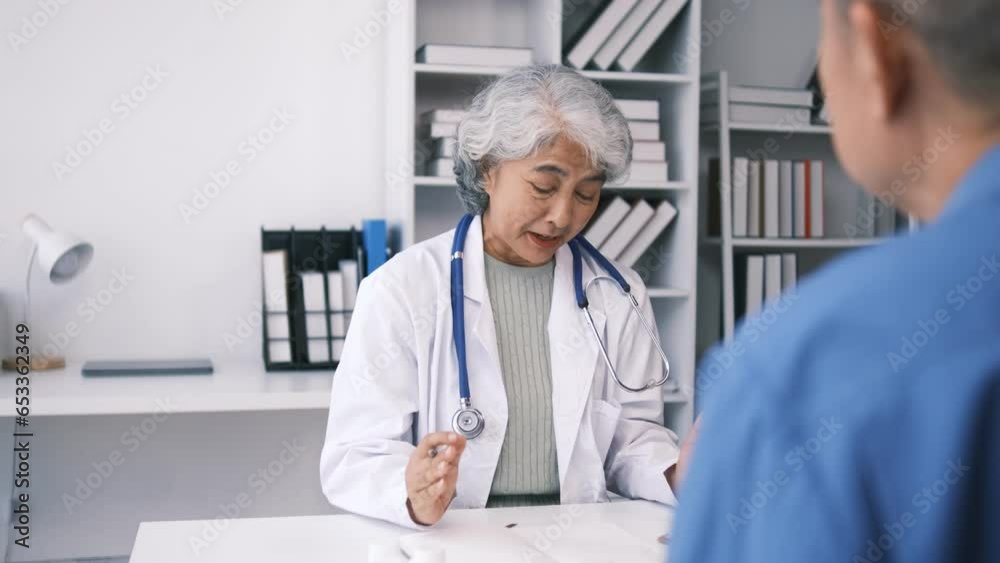 Smiling elderly female doctor wearing and uniform with stethoscope checking mature man at meeting, elderly patient making health insurance deal, older generation healthcare concept Smiling elderly female doctor wearing and uniform with stethoscope checking mature man at meeting, elderly patient making health insurance deal, older generation healthcare concept