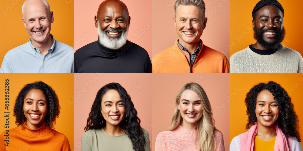 Portraits collage of happy multiethnic people smiling and looking at camera on color background Portraits collage of happy multiethnic people smiling and looking at camera on color background