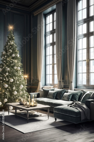 New Year's interior with a Christmas tree in a modern style. Generative AI.