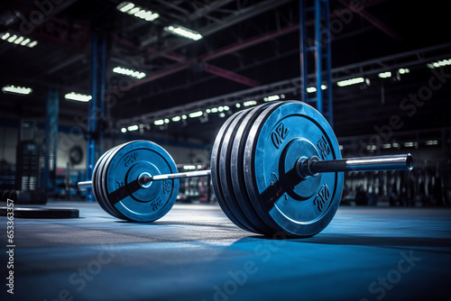 Barbell for fitness training in the gym. Sports background.