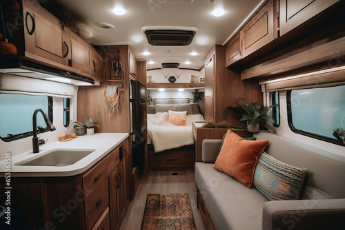 Travel transport and entertainment concept. Cosy Interior of motor home camping car, furnishing wooden decor of salon area, comfortable modern caravan house vehicle. Relaxation areas for road travel © Valeriia