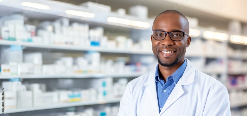 male pharmacist in smiling wearing white coat in chemist shop male pharmacist in smiling wearing white coat in chemist shop
