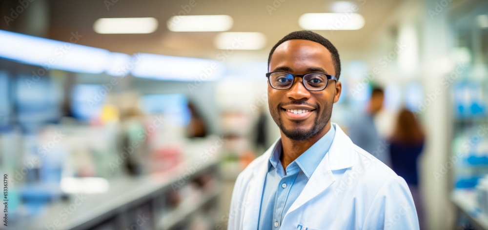 male pharmacist in smiling wearing white coat in chemist shop male pharmacist in smiling wearing white coat in chemist shop