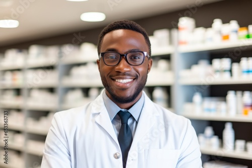 male pharmacist in smiling wearing white coat in chemist shop