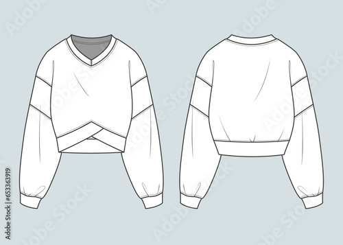 sweatshirt flat drawing technical sketch template. front and back sweatshirt outfit design vector illustration for a clothing brand. fashion CAD drawing mock up design for garment, apparel template.