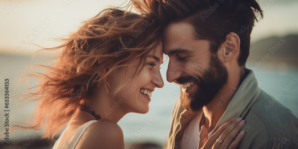 Fototapeta premium Joyful romantic young couple embracing and enjoying time together on the beach, concept of sweet relationship, dating, and healthy marriage.