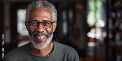 Happy mature African American gentleman on blurred modern home or restaurant background, with copy space.