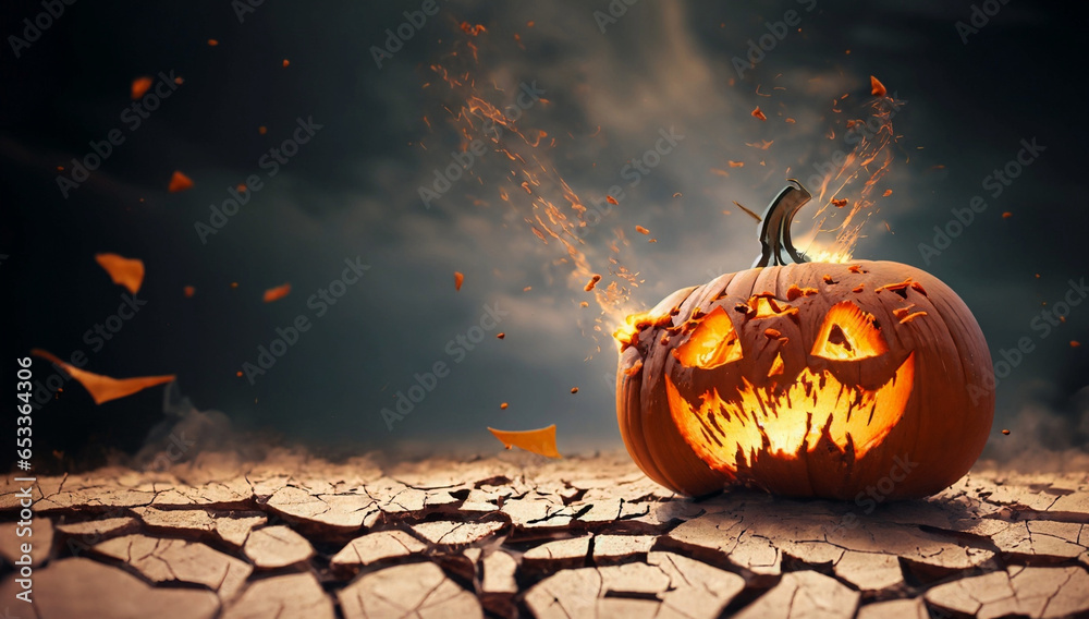 Fototapeta premium Płonąca straszna dynia, lampion. Generative AI