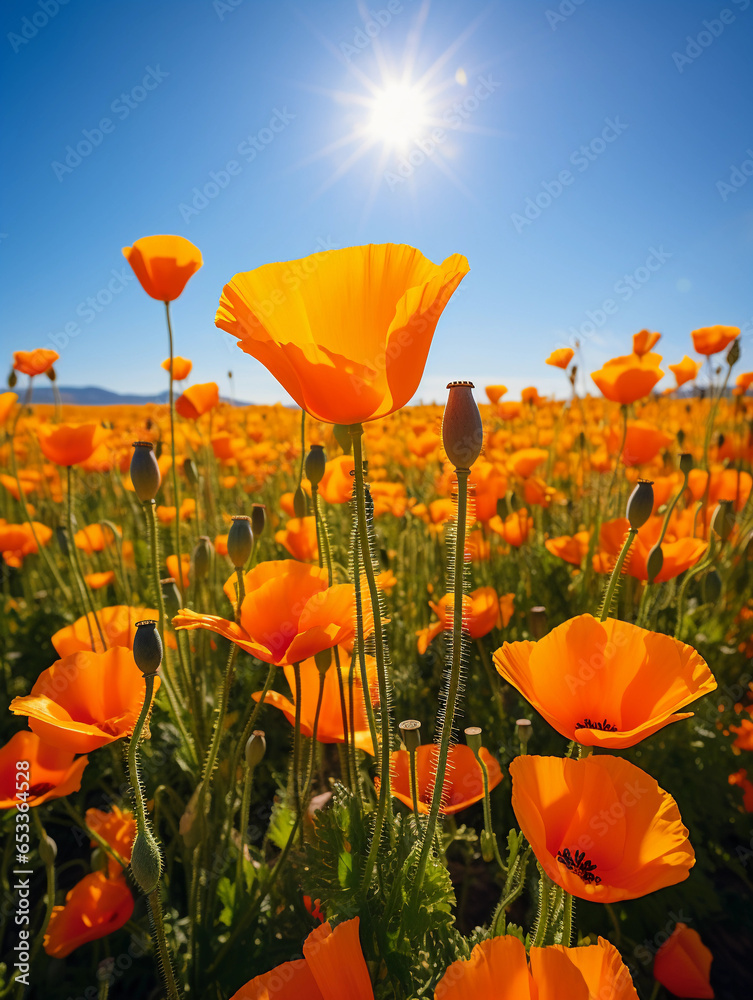 Obraz premium A field of California poppies captured in photorealistic detail, strong vibrant orange, golden hour lighting