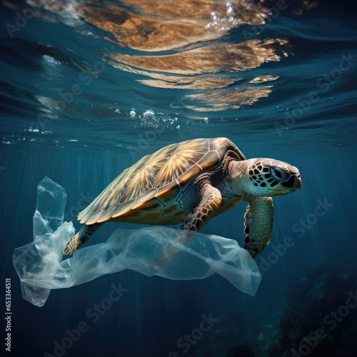 turtle under the sea next to plastic bags, pollution concept