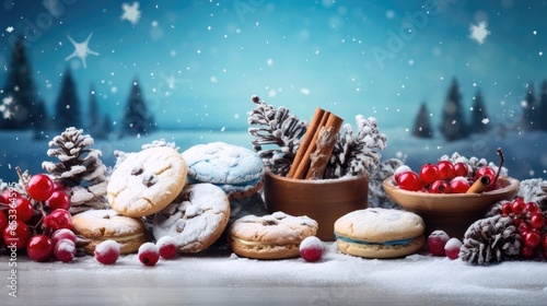 Snowy Christmas Bakery Delights. Festive Greeting Card Featuring Cookies and Ornaments 