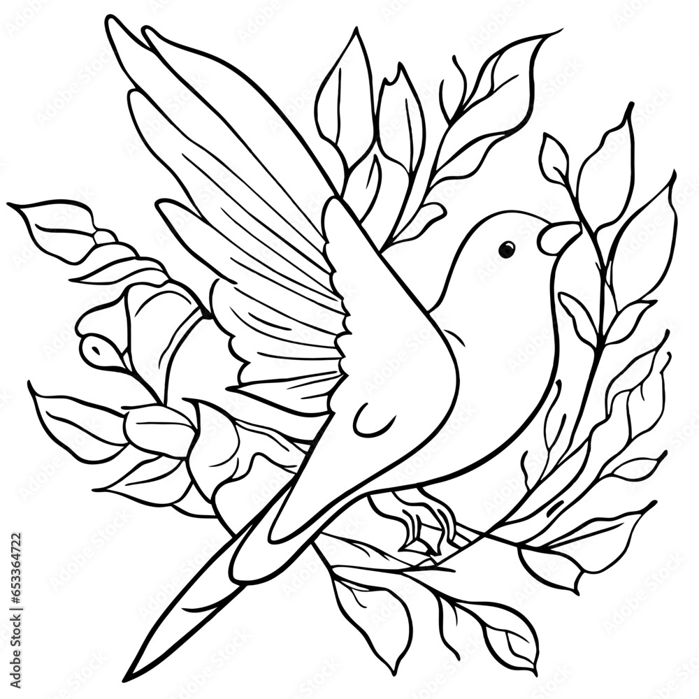 Line drawing of birds in flight decorated with leaves.