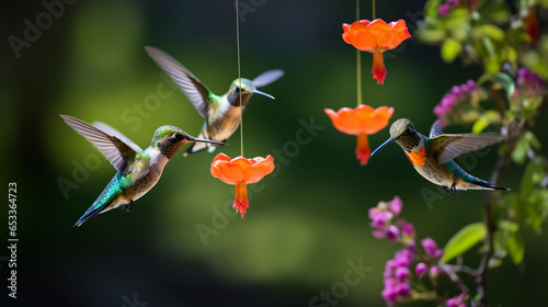 Hummingbirds in flight  multiple birds  nectar feeder  vibrant colors  blurred background
