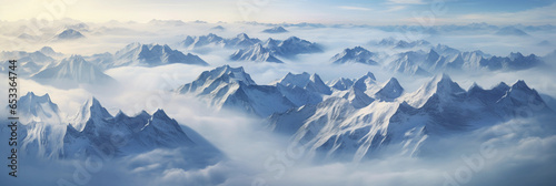 aerial view, jagged mountain range, pristine snow caps, piercing through a sea of clouds, dramatic lighting © Marco Attano