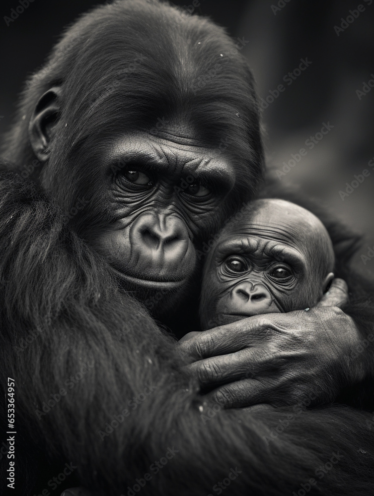 Intimate portrait of a gorilla mother cradling her baby, Congo rainforest, soft focus, emotional, black and white