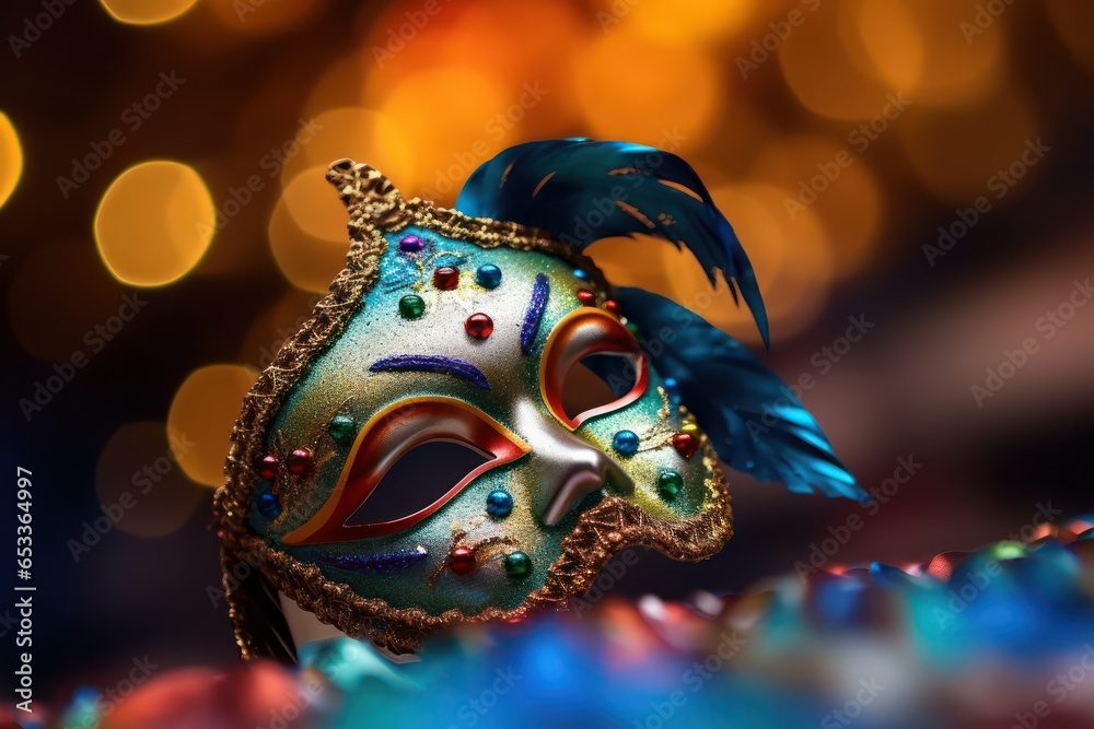 Top View of Venetian Mask: Mardi Gras Elegance on Mesmerizing Bokeh Background, Generative AI