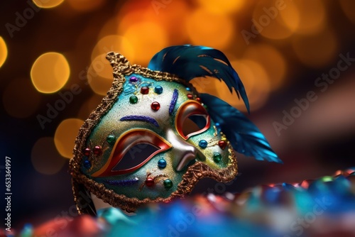 Top View of Venetian Mask  Mardi Gras Elegance on Mesmerizing Bokeh Background  Generative AI