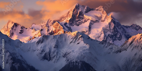 mountain range bathed in the soft glow of a setting sun, alpenglow on snow caps © Marco Attano