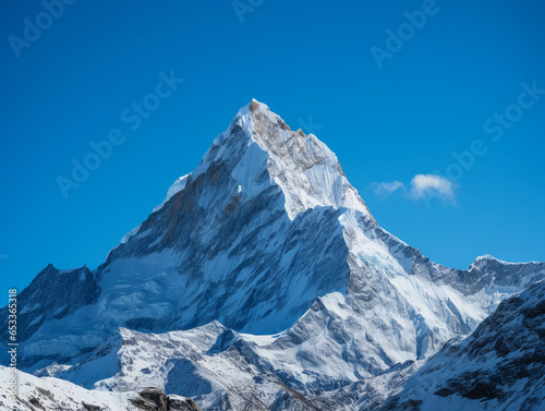 isolated mountain peak, snow - capped, clear blue sky