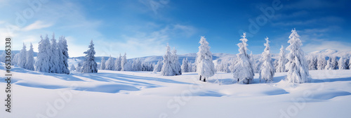 mountain landscape, range after a snowstorm, untouched snow on trees, bluebird sky