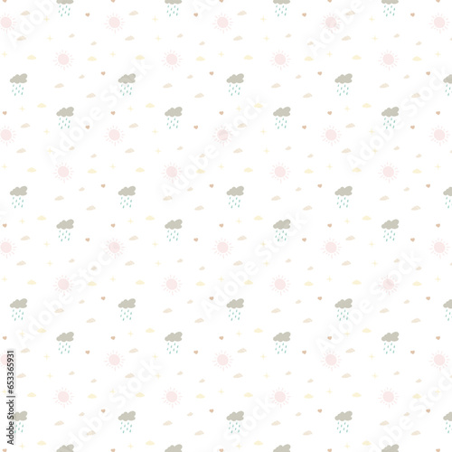 Seamless pattern with hand drawn cloud and star on a white background.