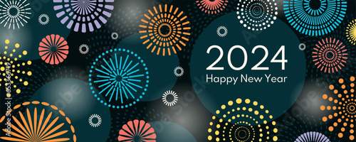 Colorful fireworks 2024 Happy New Year, bright on dark background, with text. Flat style vector illustration. Abstract geometric design. Concept for holiday greeting card, poster, banner, flyer