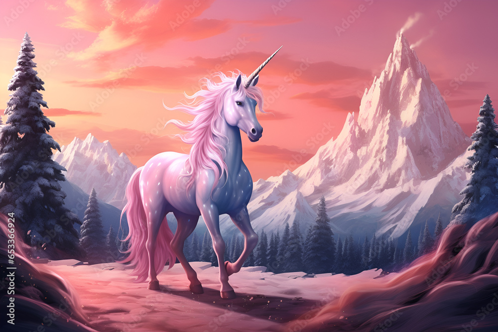 Wonderful portrait of a snow-white unicorn with a pink mane in a ...