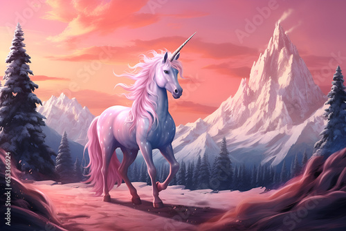 Wonderful portrait of a snow-white unicorn with a pink mane in a magical mountain landscape 