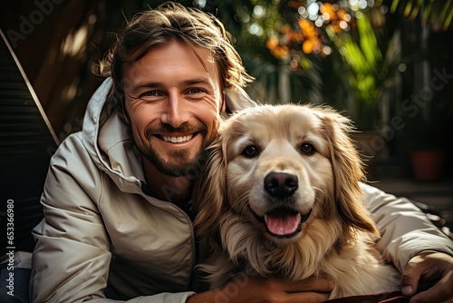 Man hugs a dog on a walk. Close-up. Dog and his owner - Cool dog and young man having fun in a park - Concepts of friendship,pets,togetherness