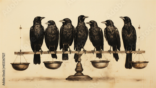 Vintage illustration of seven crows on a scale. photo