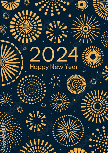 Golden fireworks 2024 Happy New Year, bright on dark background, with text. Flat style vector illustration. Abstract geometric design. Concept for holiday greeting card, poster, banner, flyer