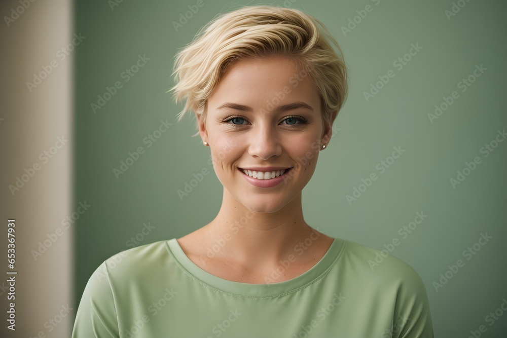 Attractive and Happy young Swedish woman with short blonde hair on a solid light green background. Generative ai. Attractive and Happy young Swedish woman with short blonde hair on a solid light green background. Generative ai.