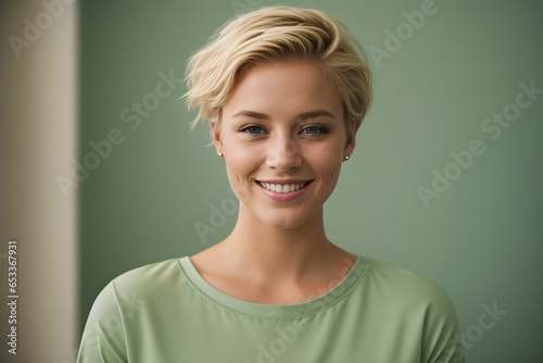 Attractive and Happy young Swedish woman with short blonde hair on a solid light green background. Generative ai.