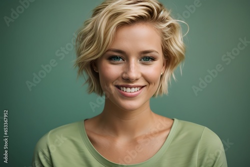 Attractive and Happy young Swedish woman with short blonde hair on a solid light green background. Generative ai.