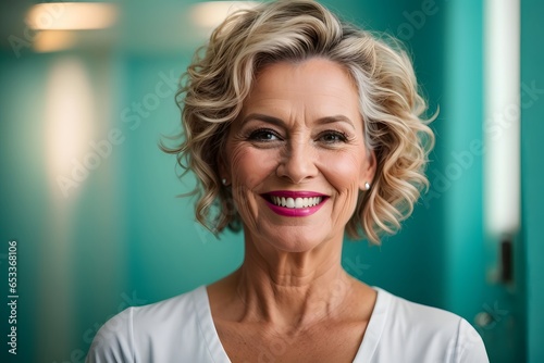 Close up of a 40s middle age woman smiling and wearing a t-shirt on a turquoise background. Generative ai.