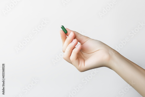 hand holds a green pill on a gray background. natural medicines and detox diet concept