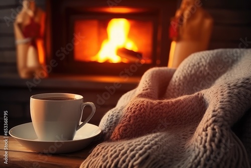 A Cup of Coffee or Tea on a Cozy Winter Evening Near the Fireplace
