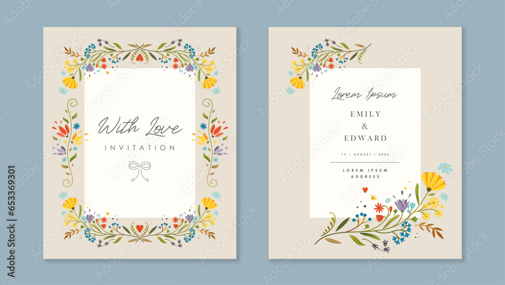 Beautiful invitation with flowers, petals, butterflies. Elegant invitation in vector. Flat style.