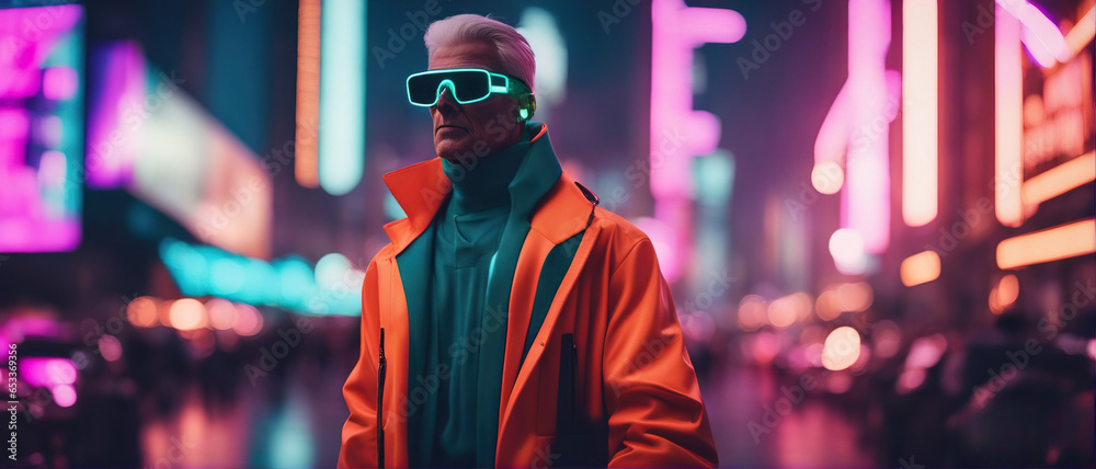 A high-fashion photo featuring an old male model in neon outfit avant-garde futuristic design. Blurred cyberpunk city as a background.
