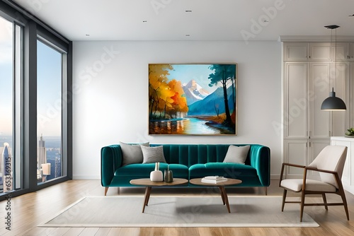 TV screen on the green wall in modern living room. 3d illustration